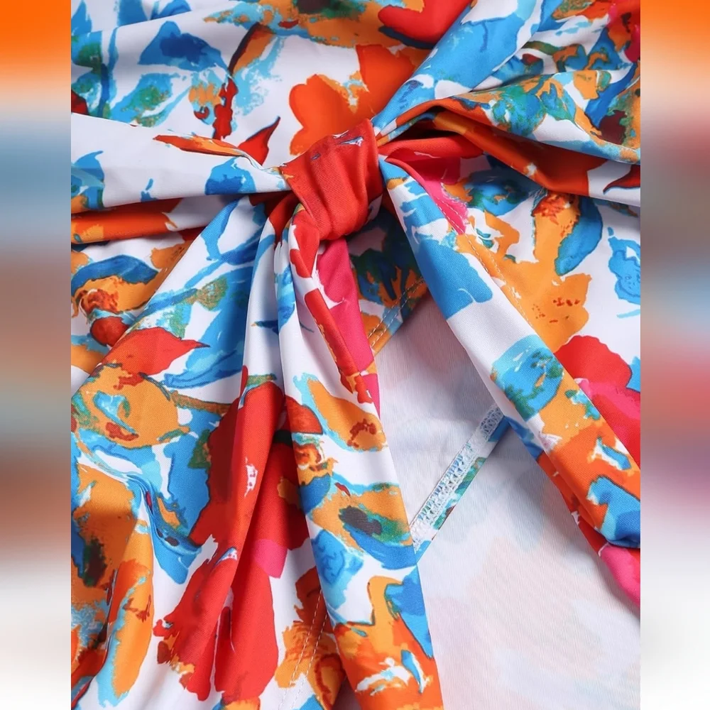 Zaful Floral One Piece Swimsuit - Red and Blue